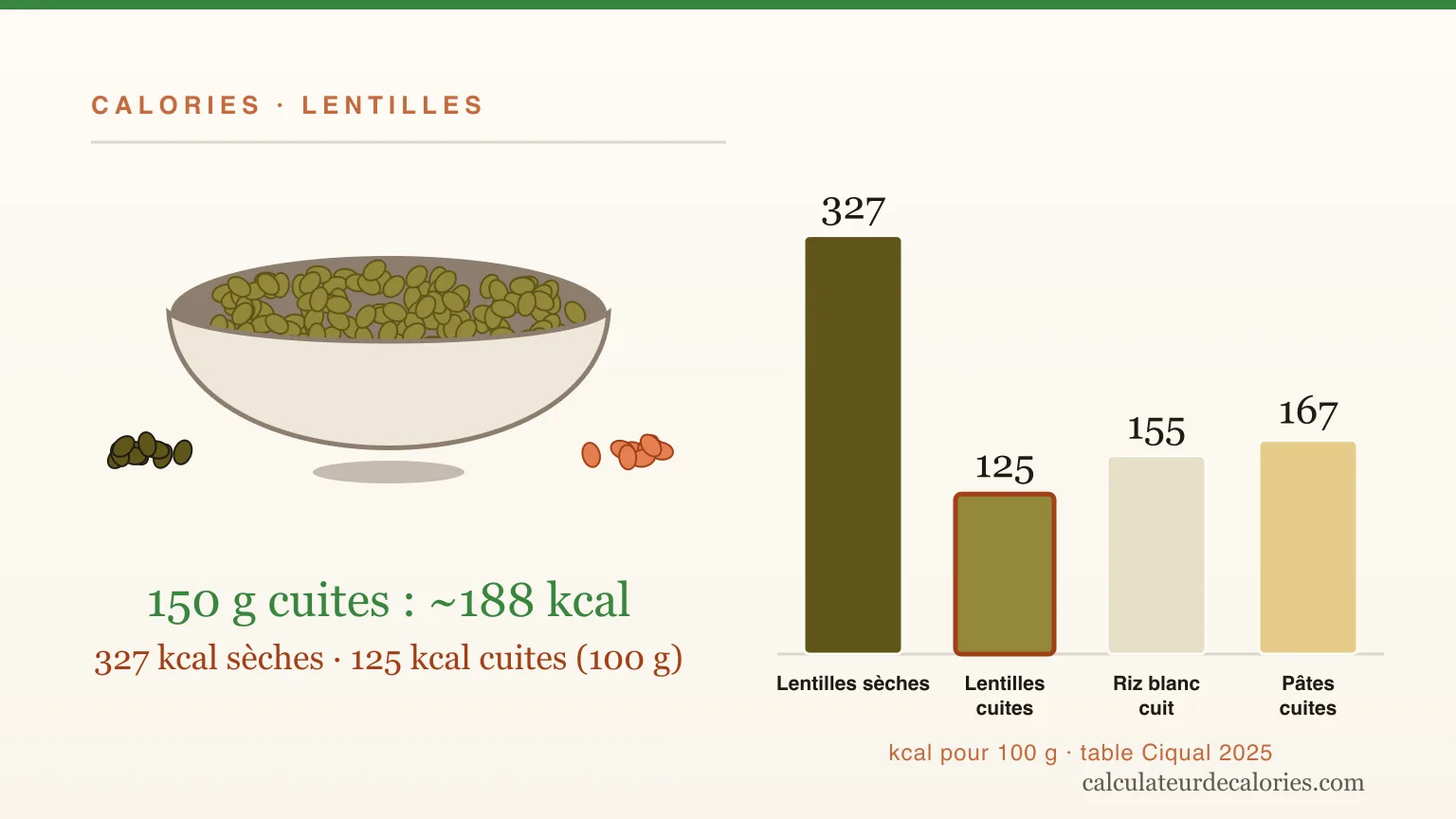 Combien de calories dans les lentilles ? Sèches, cuites, par portion