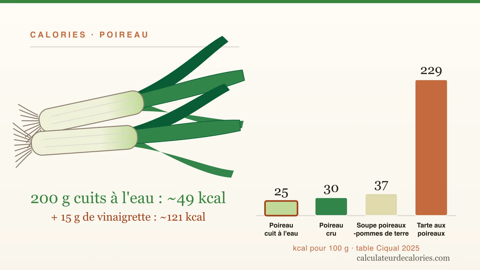 Combien de calories dans un poireau ? Cru, cuit, en recette